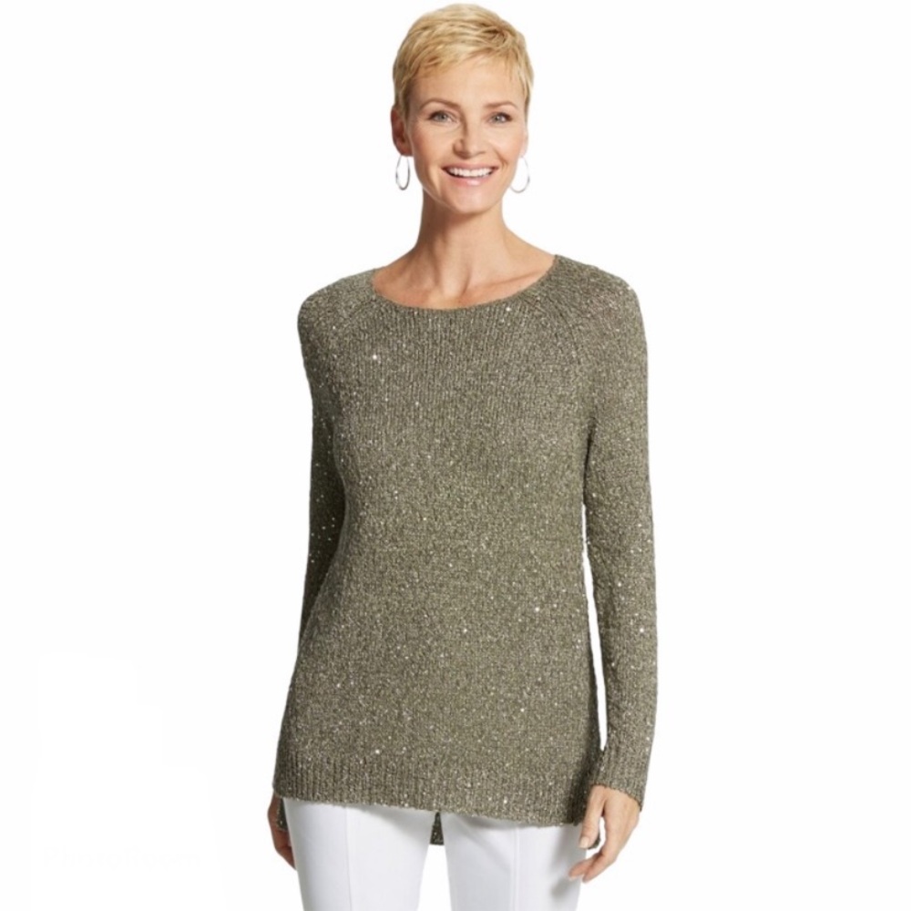 Chicos Womens Sequin Shine Claire Pullover Sweater Size 1 (M) Knit Fatigue Green